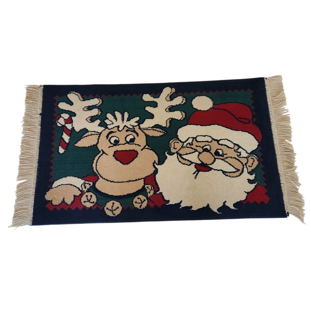 Festive Fringed 23 X 38 Santa and Reindeer Christmas Accent Rug